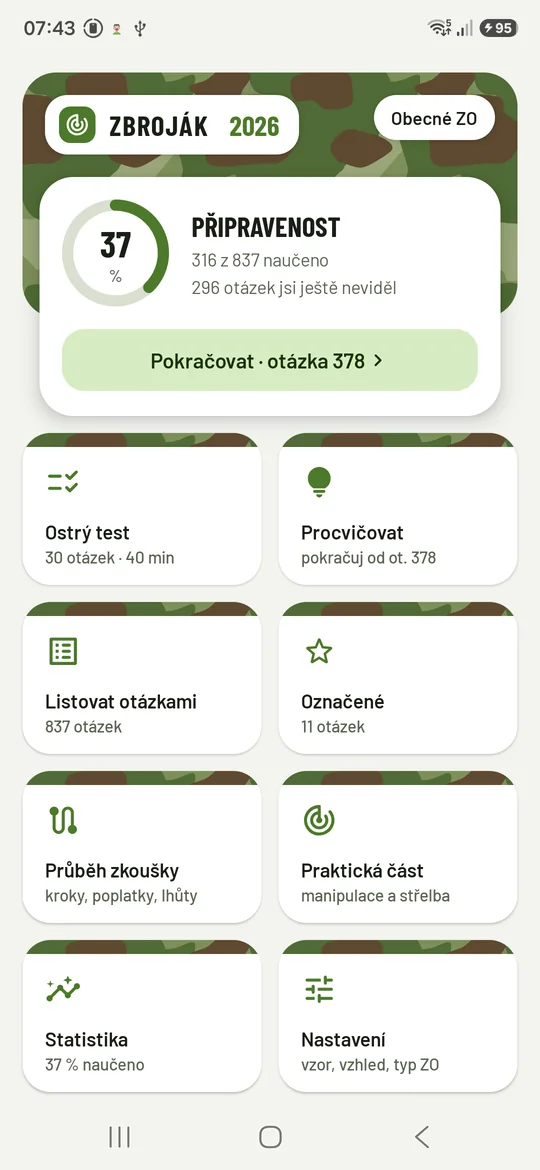 Dashboard aplikace Zbroják 2026 s kruhem připravenosti a dlaždicemi funkcí
