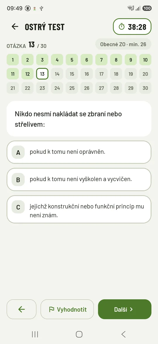 Probíhající ostrý test s časomírou a mřížkou otázek